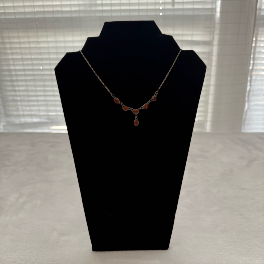 VTG Sterling Silver 925 Amber Cabochon Necklace Victorian Revival Drop Pendant